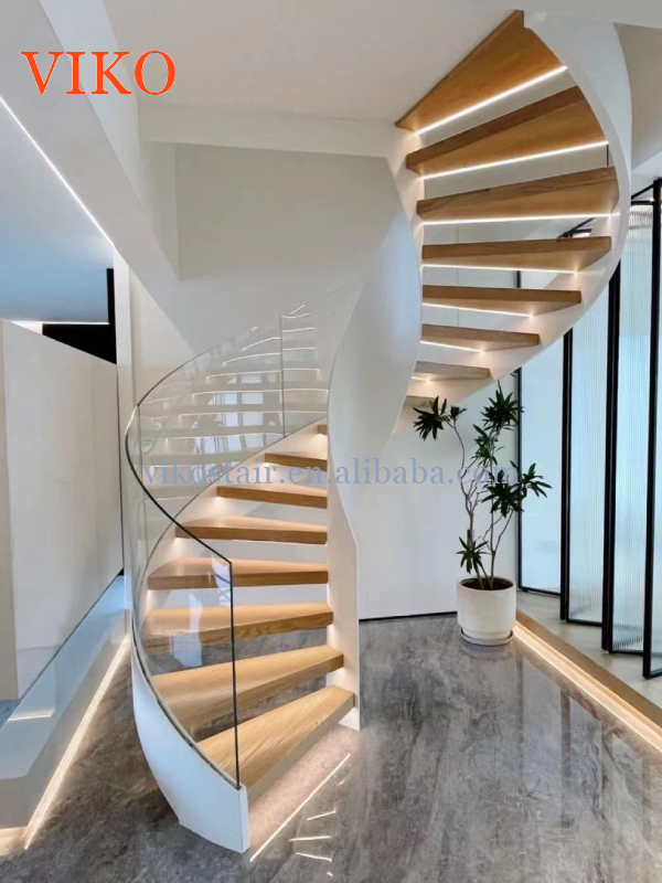 VIKO Building Standard Indoors Uses Wood Grain Treads and White Curved Stairs